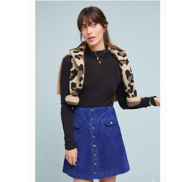 BLUE SUEDE LEATHER Anthropologie Button Down Mini Skirt 8 - Picture 2 of 5